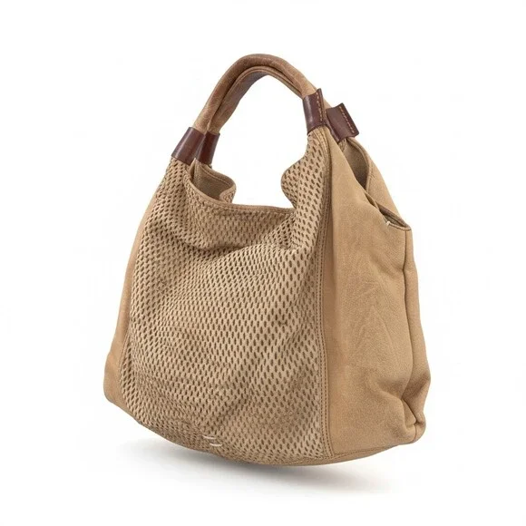 49 Square Miles Nubuck Leather Slouchy Hobo Shoulder Bag Perforated Tan Tote - Picture 2 of 14